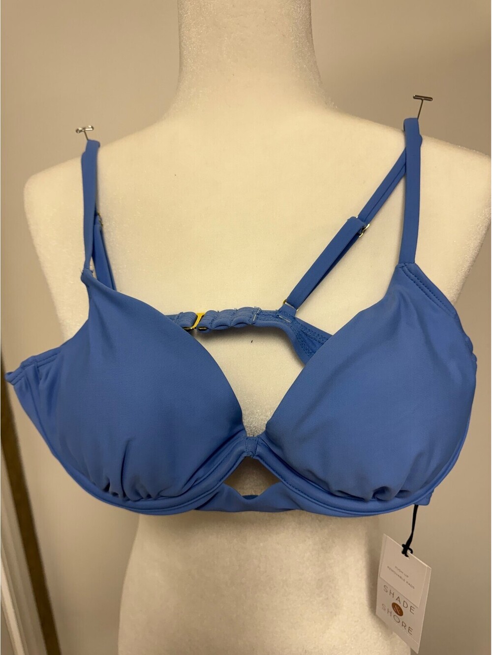 Shade & Shore Blue Push-Up Swim Suit Top with Removable Pads, Size 34DD